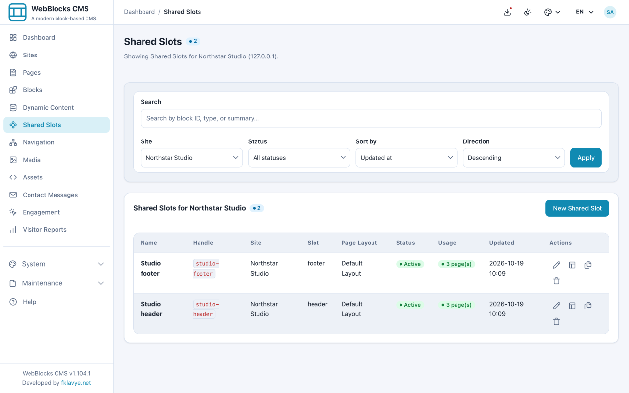 Northstar Studio Shared Slots list showing Studio header and Studio footer, each used by three pages.