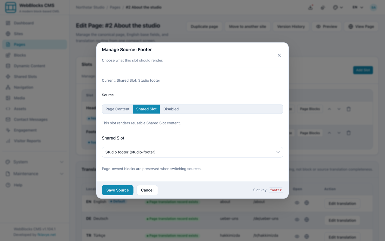Manage Source for the About page Footer, with Shared Slot selected and Studio footer chosen.