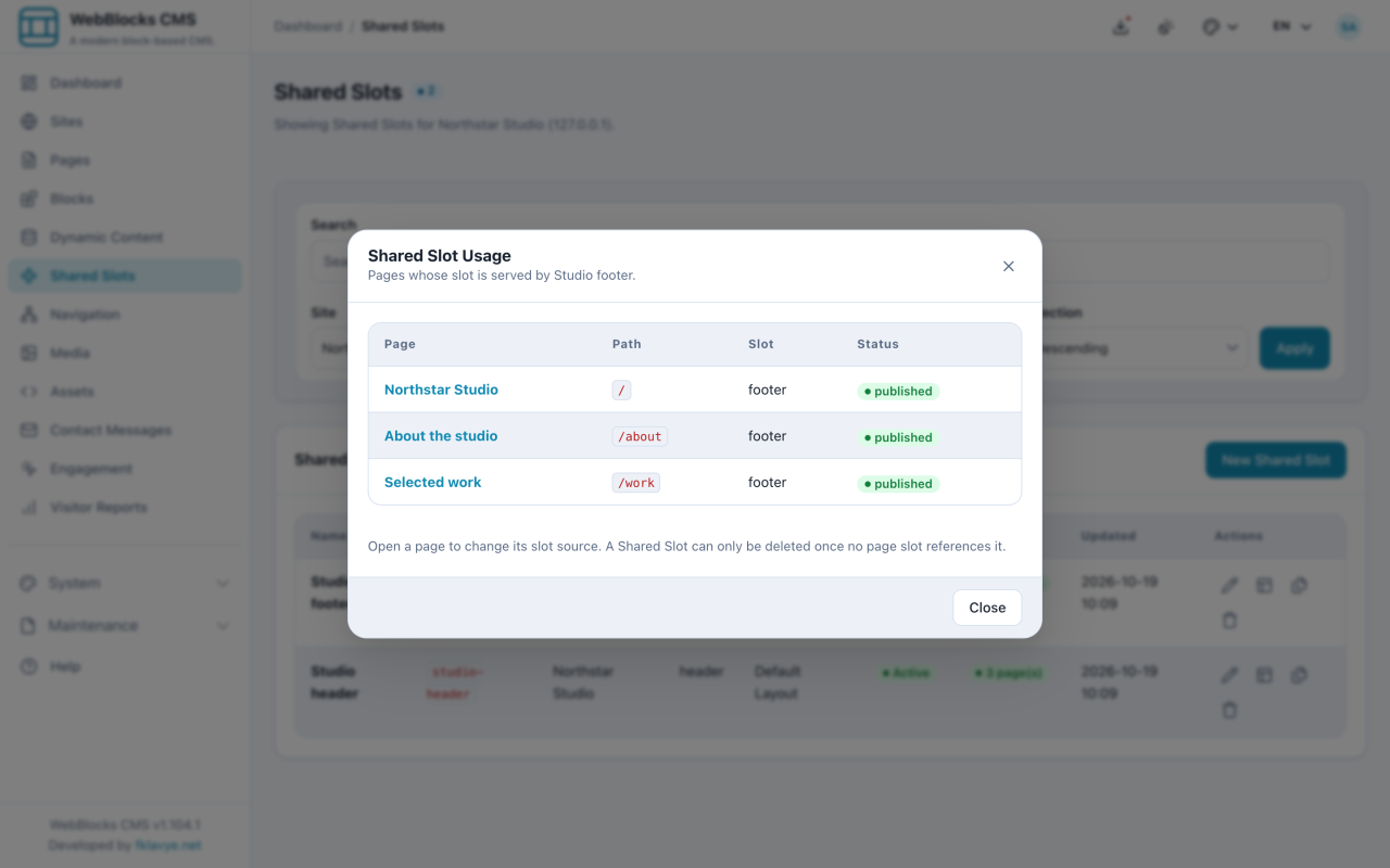 Studio footer usage dialog listing three published Northstar Studio pages and their routes.
