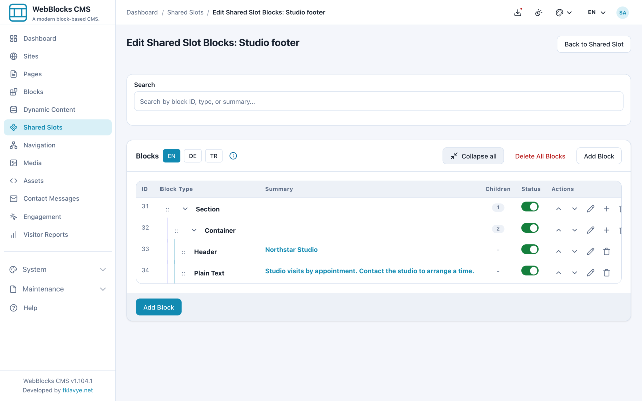 Studio footer block tree containing a Section, Container, heading and visit information.