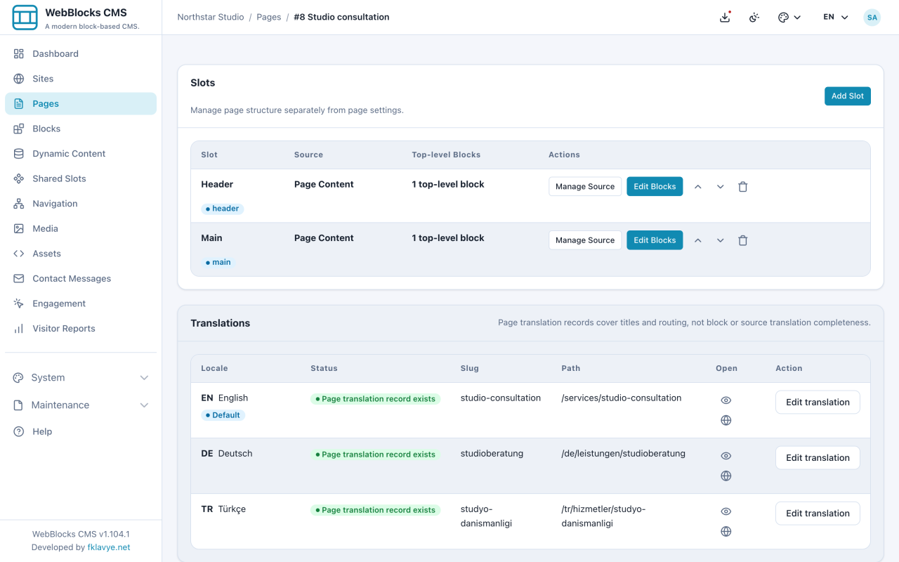 Northstar Studio consultation page showing English, German and Turkish translation records with their localized paths.