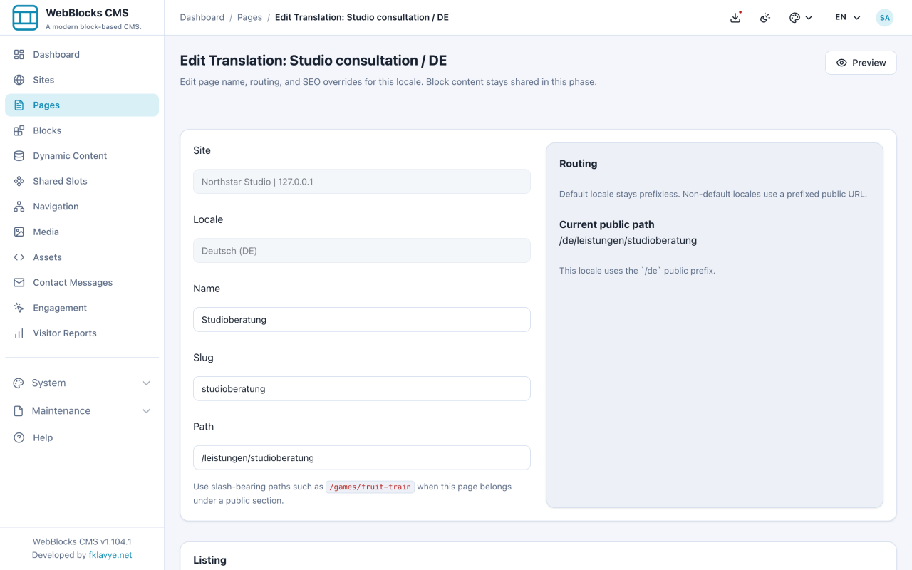German page translation form showing the localized page name, slug, stored path and resulting German public path.