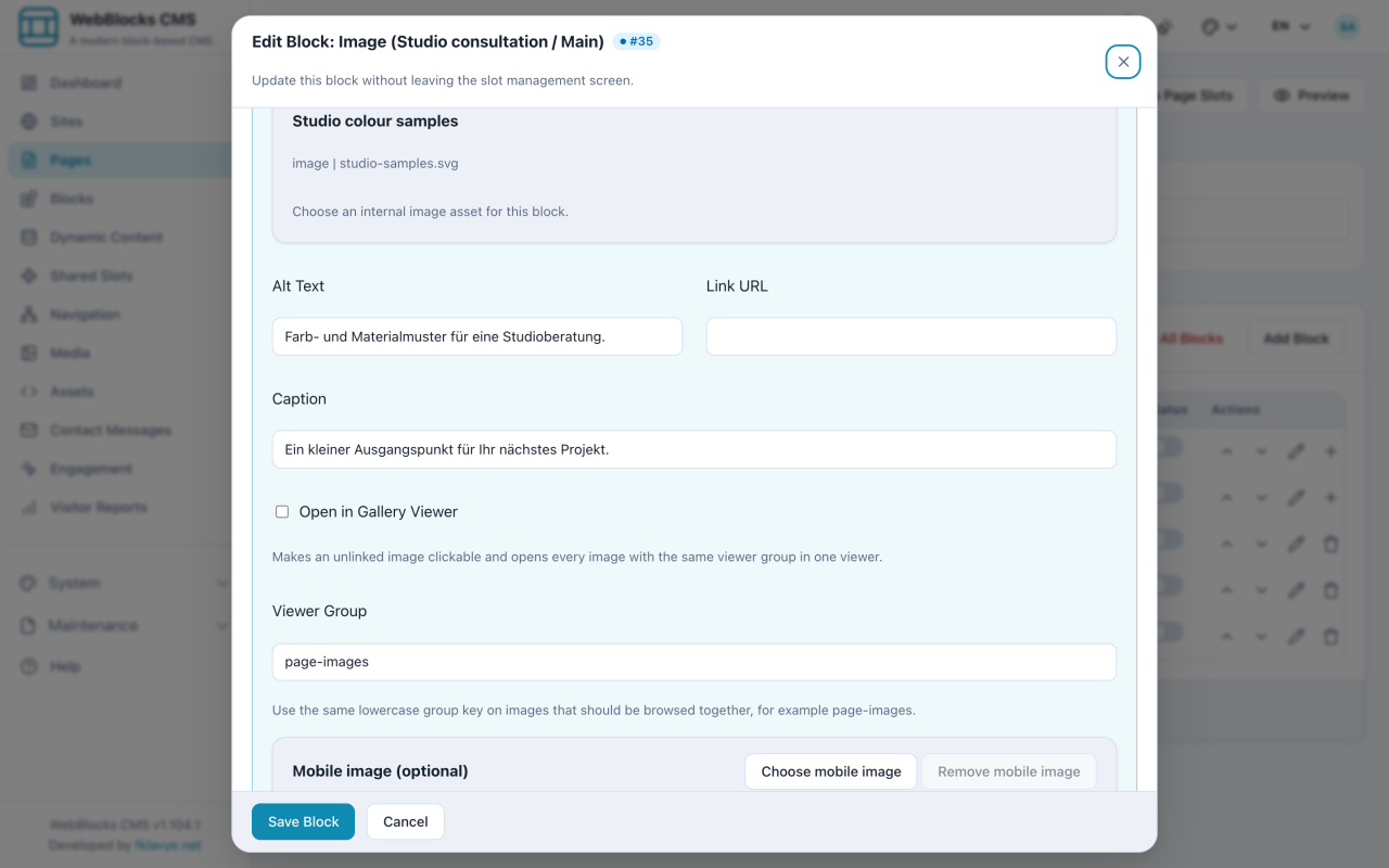 Image block editing in German showing localized alternative text and caption for the shared studio samples image.