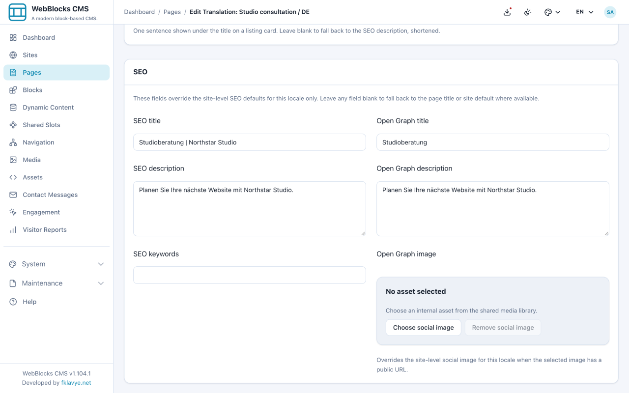 German SEO and Open Graph fields filled with localized consultation copy.