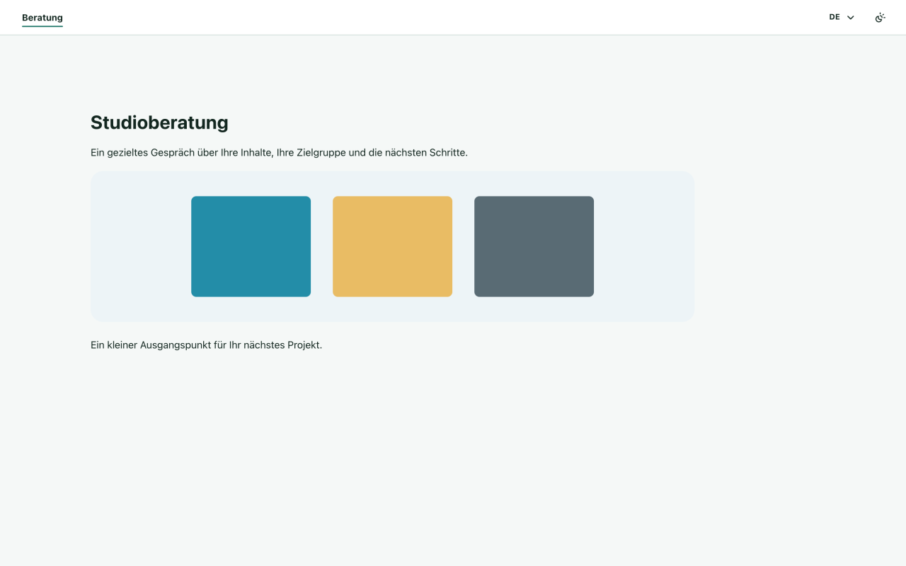 Completed German consultation page in the local showcase, with German navigation, body text and image caption.