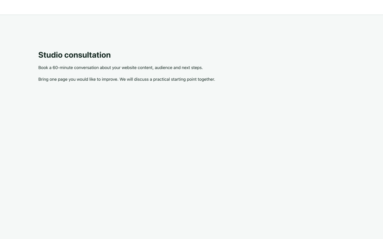 Published Studio consultation page offering a 60-minute conversation and a practical starting point.
