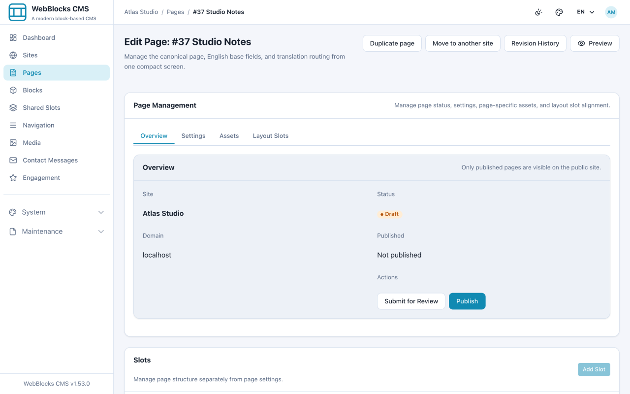Page overview panel showing draft status and the publish actions.