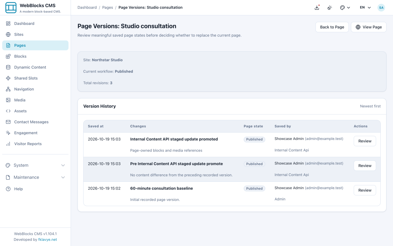 Version History for Studio consultation listing the baseline and safety versions before and after staged promotion.