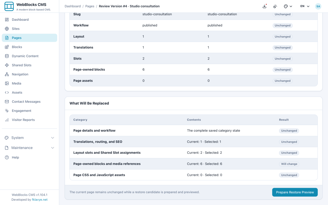 Selected baseline Review showing that page-owned blocks will change even though the current and selected versions each contain six blocks.