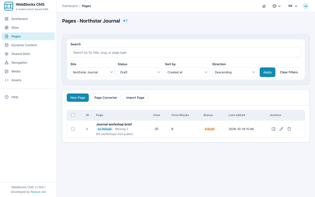 Journal editor Pages screen scoped to Northstar Journal, showing Journal workshop brief.