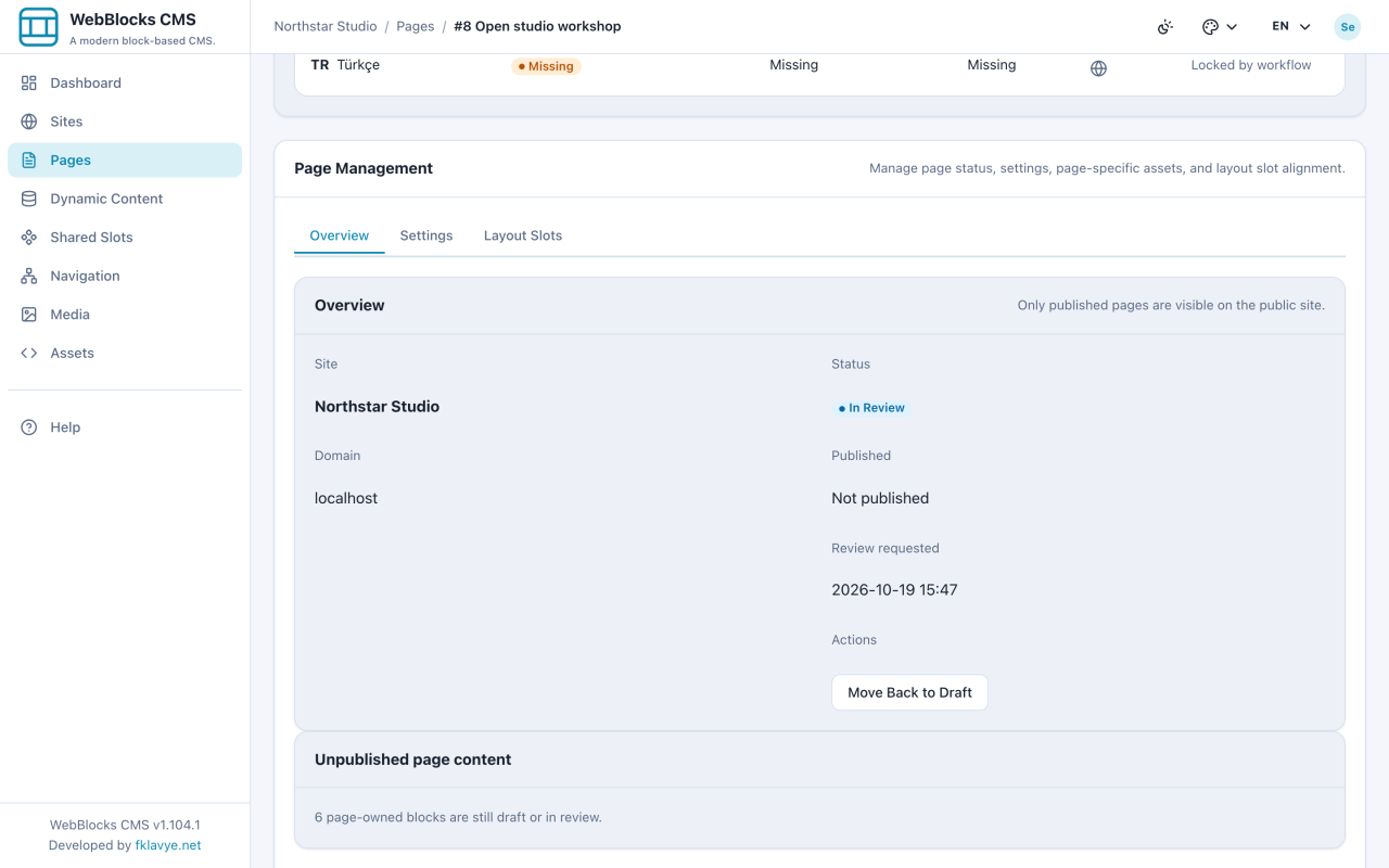Studio editor page Overview showing In Review, Move Back to Draft and six unpublished page-owned blocks, with no Publish action.