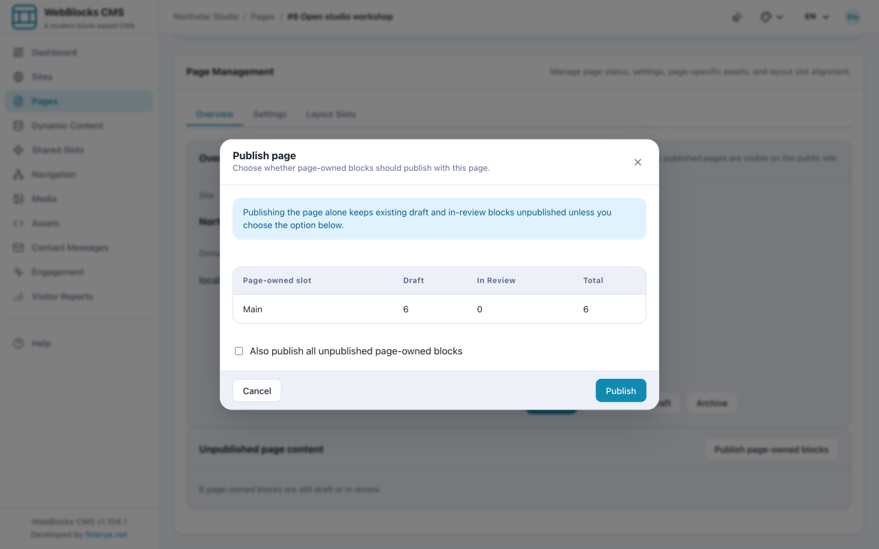 Site admin publication dialog showing six draft Main blocks and the unchecked option to publish unpublished page-owned blocks with the page.
