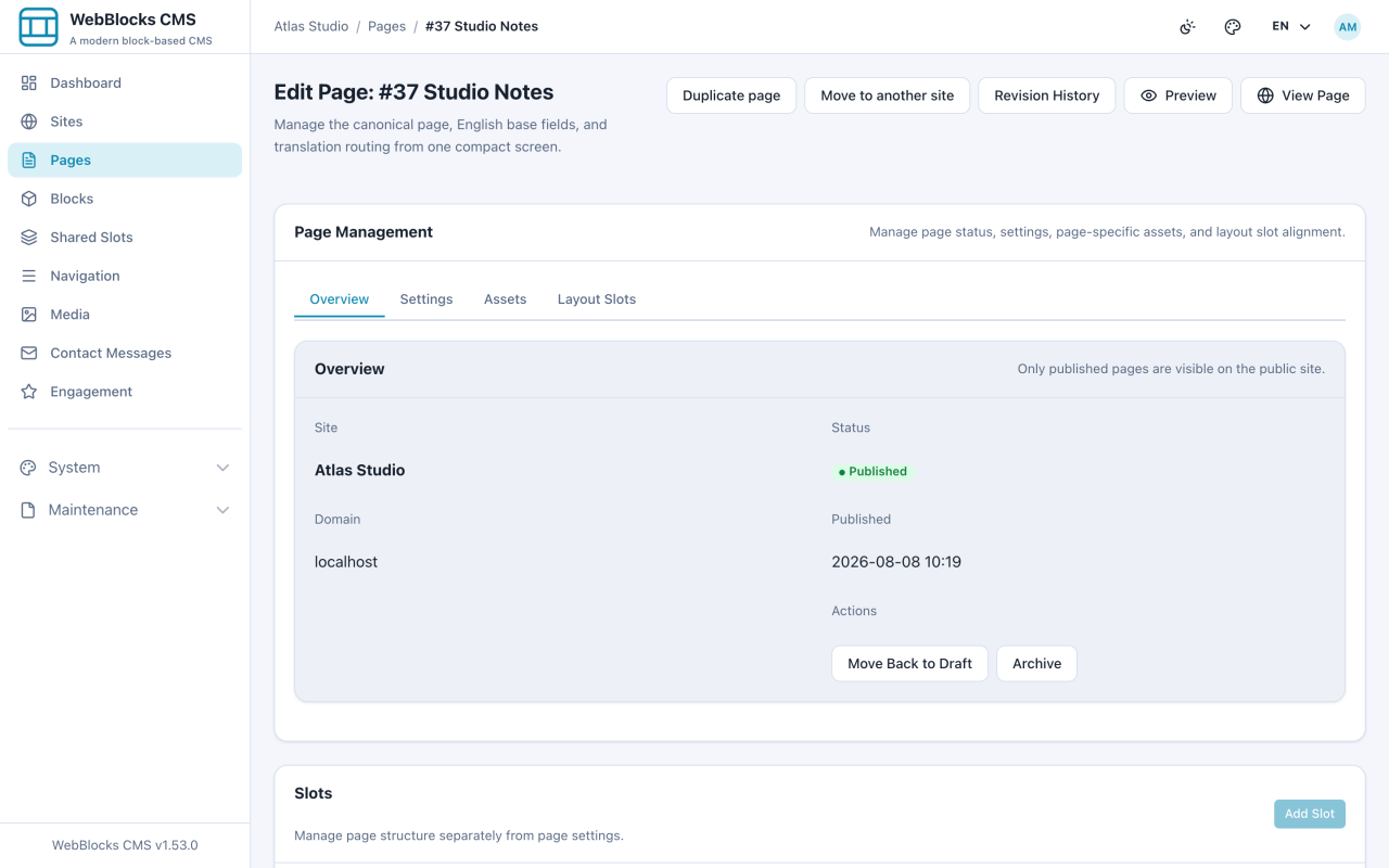 Page overview showing published status after the page was published.