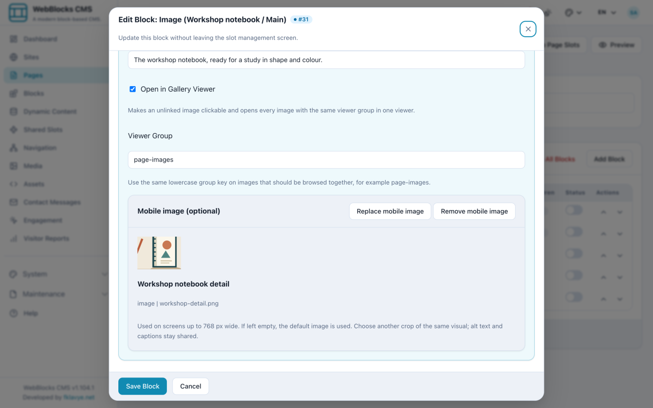 Image block fields with the separate Workshop notebook detail selected as Mobile Image.