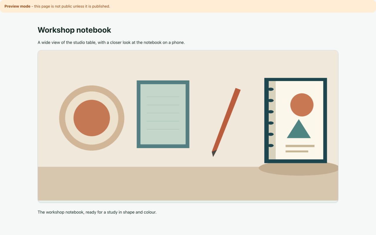 Desktop draft preview showing the landscape workshop illustration with its shared caption.