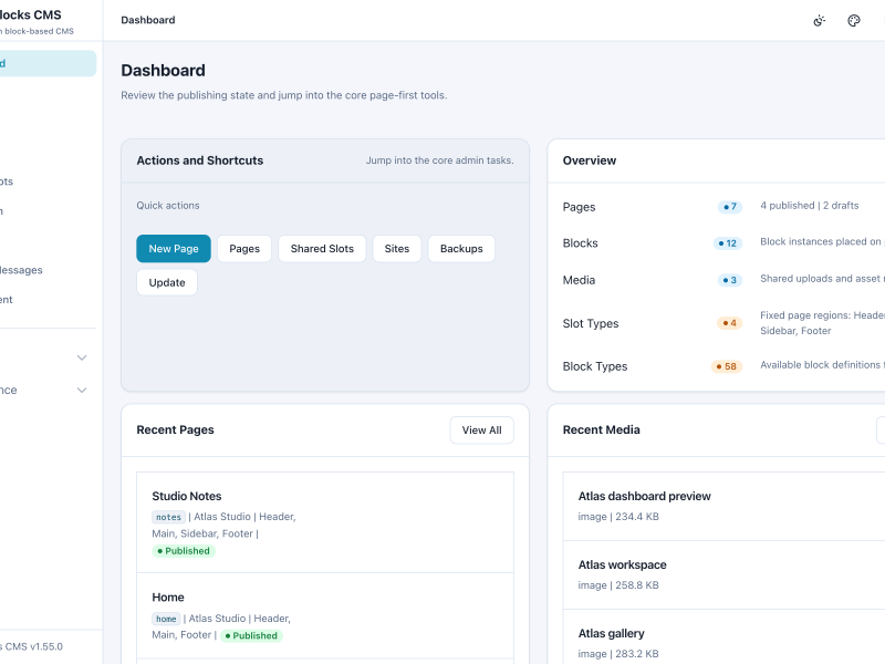 WebBlocks CMS dashboard showing quick actions and content counts.