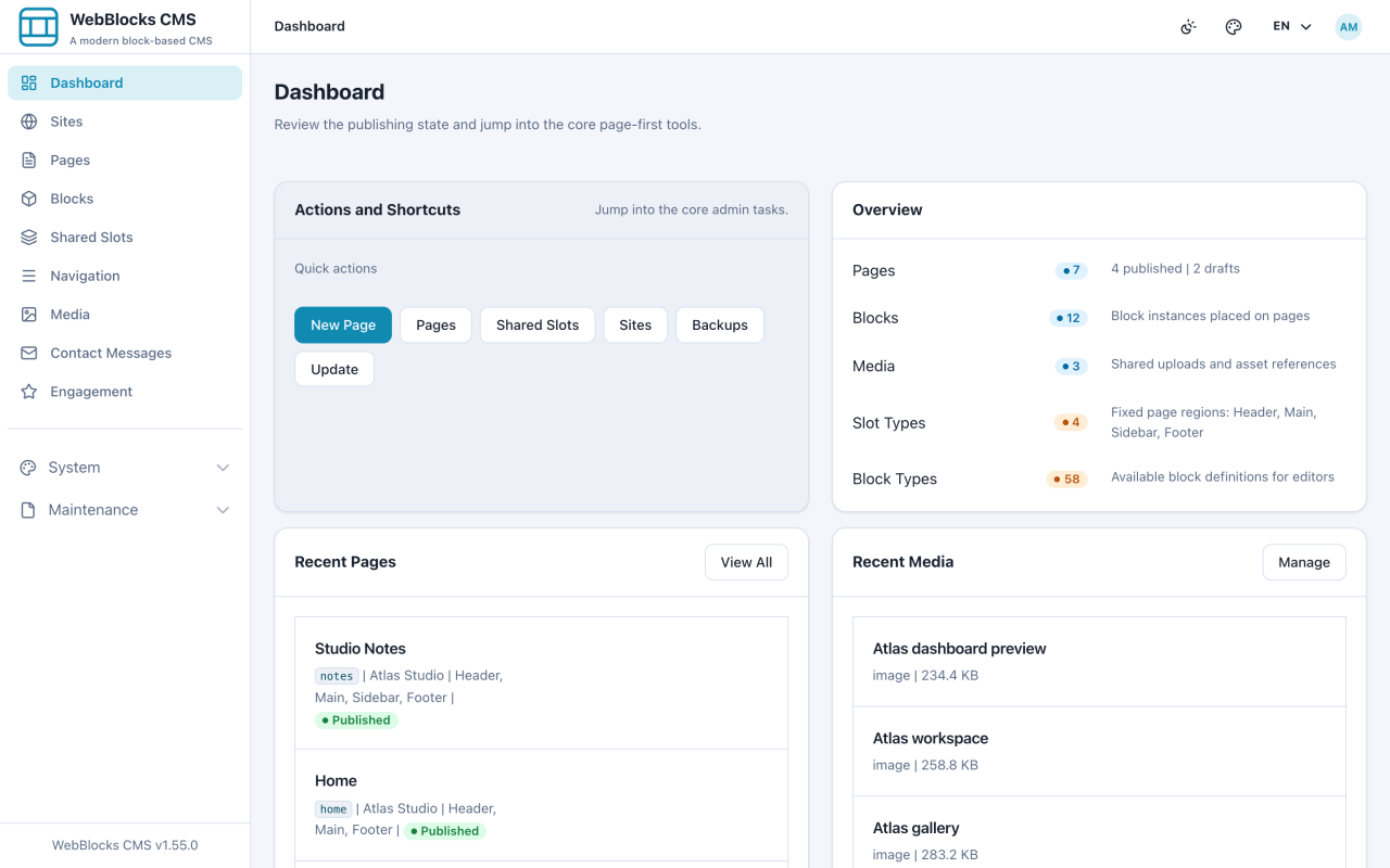 WebBlocks CMS dashboard with publishing overview and quick actions.