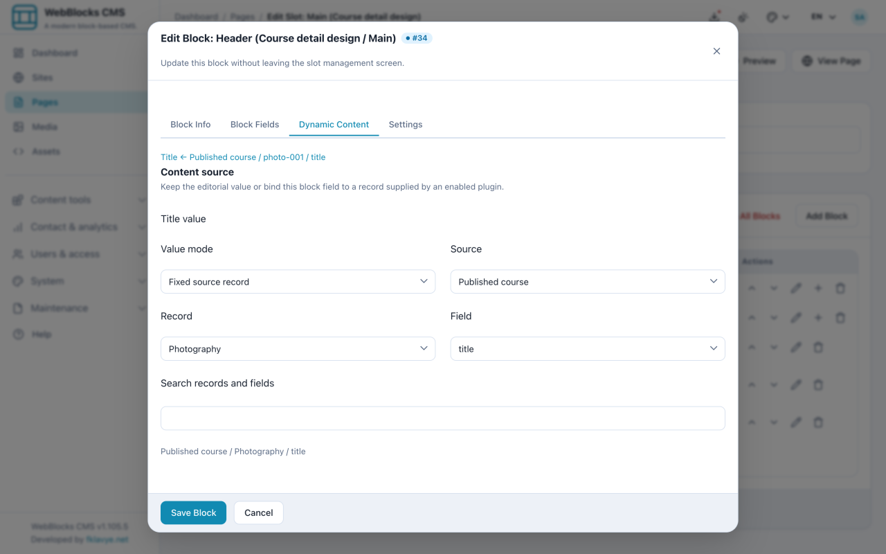 Header settings connect its title to Published course, Photography and the title field.