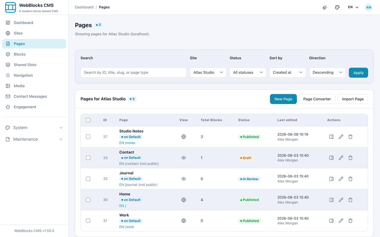 Pages list showing page titles, paths, and publishing status.