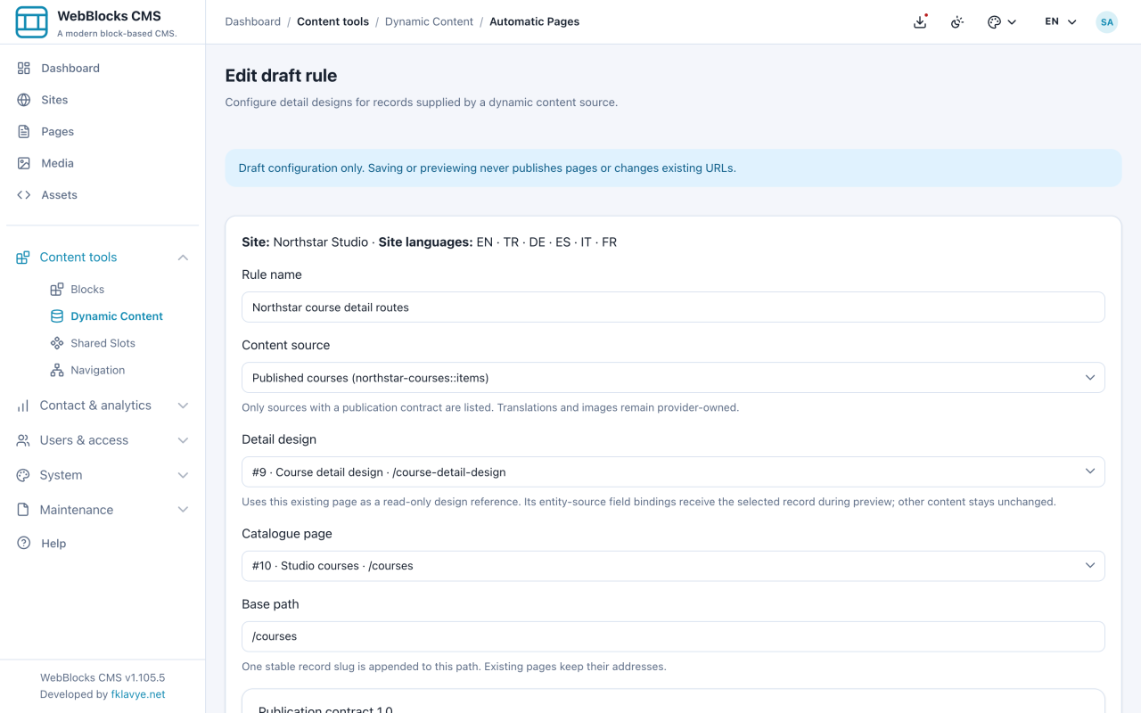 A draft rule connects Published courses, Course detail design, Studio courses and the courses base path.