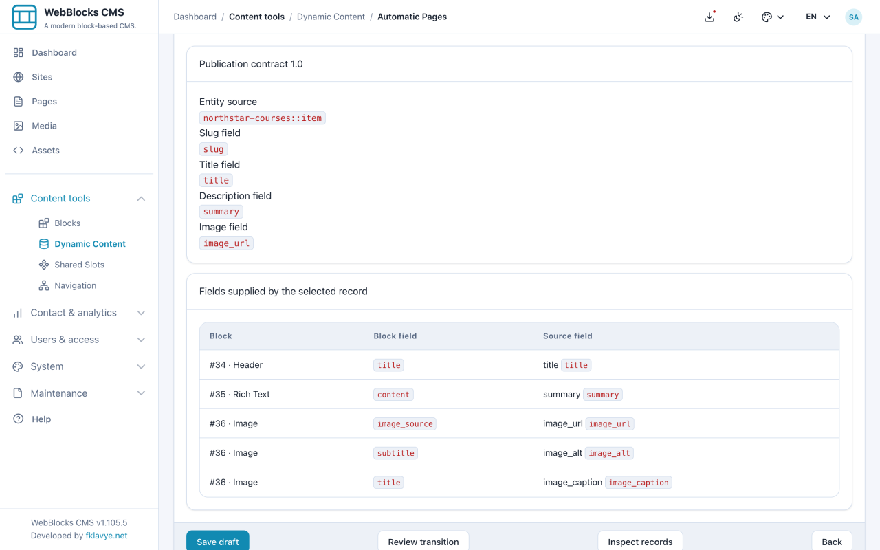 The rule lists which design block fields receive values from the selected course.