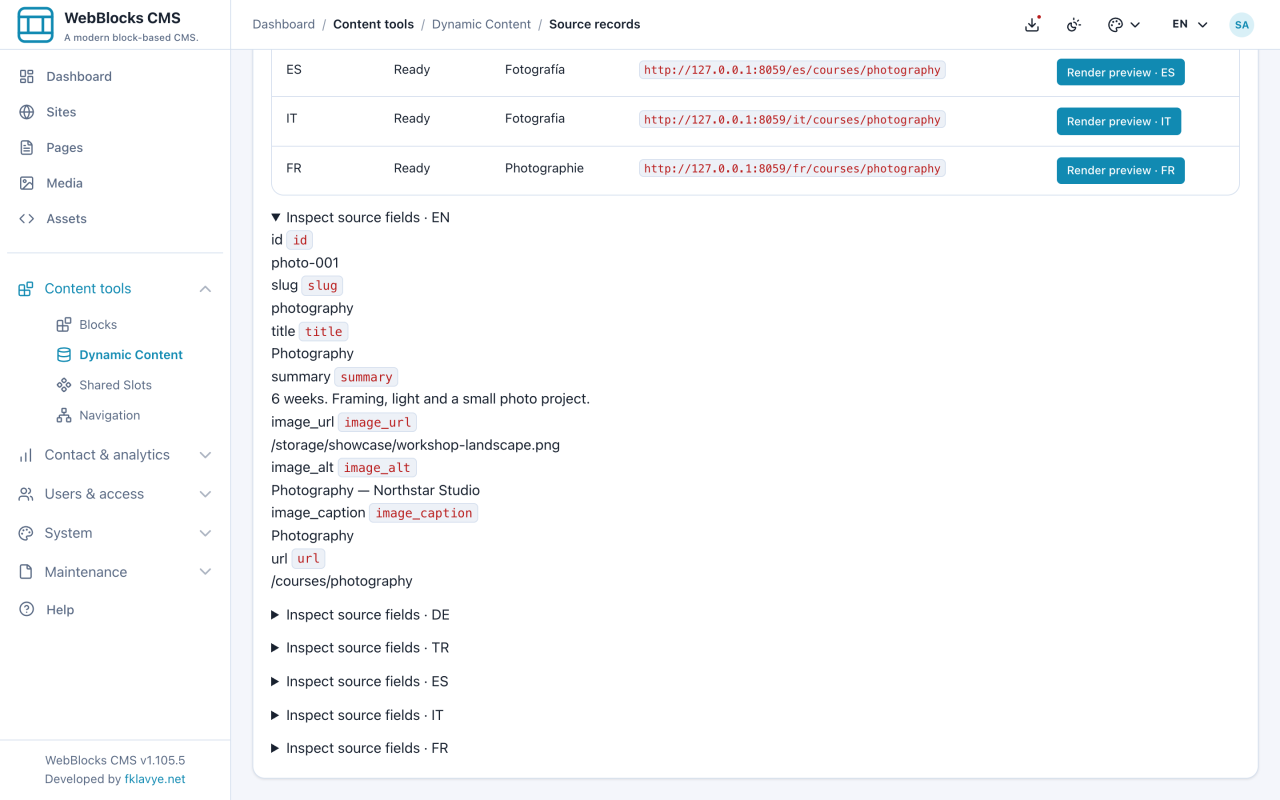 Expanded source fields show the actual Photography title, programme and image values.