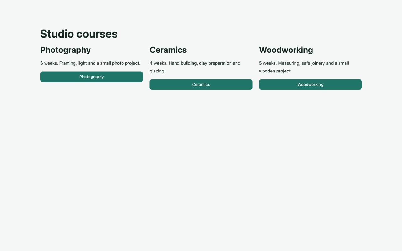 The course list shows Photography, Ceramics and Woodworking with separate detail links.