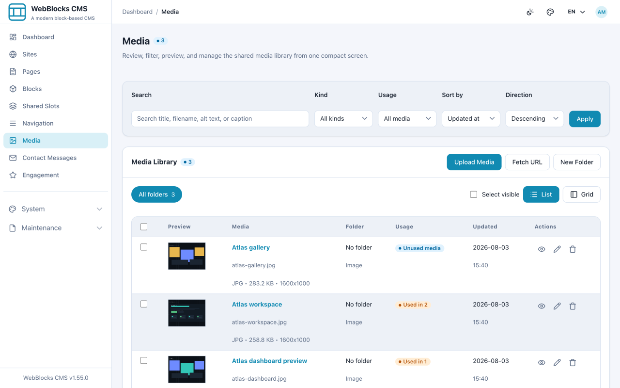 WebBlocks CMS Media Library showing organized media records and usage.