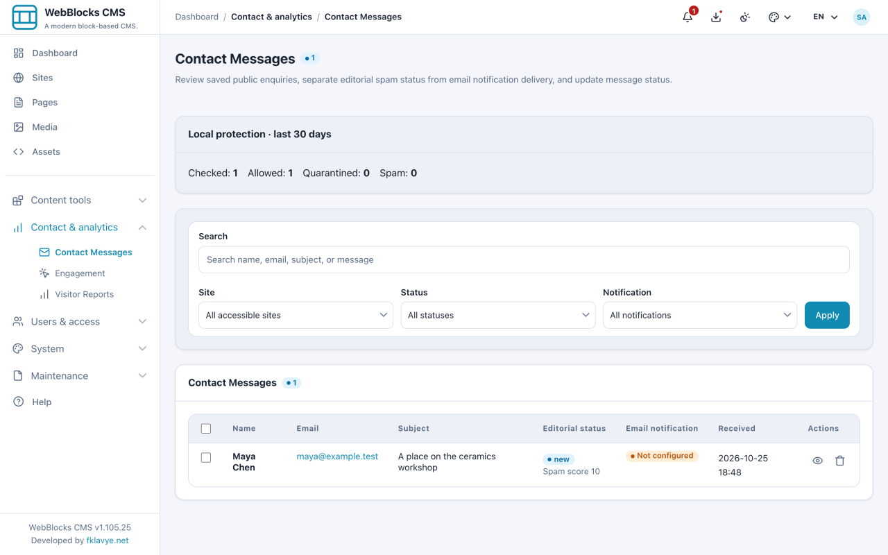 Contact Messages distingue la richiesta salvata dalla notifica email non configurata.