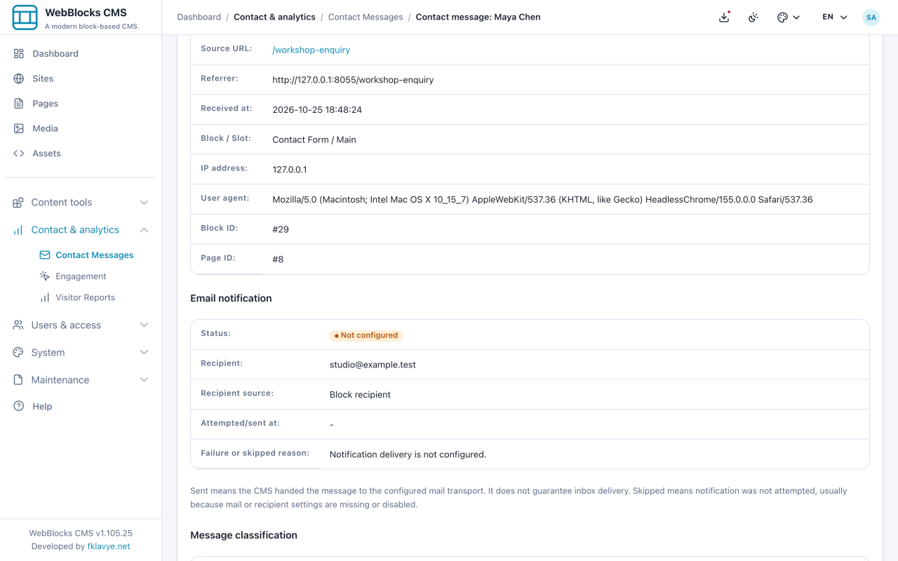 I dettagli mostrano il destinatario immaginario e l’invio email non disponibile.