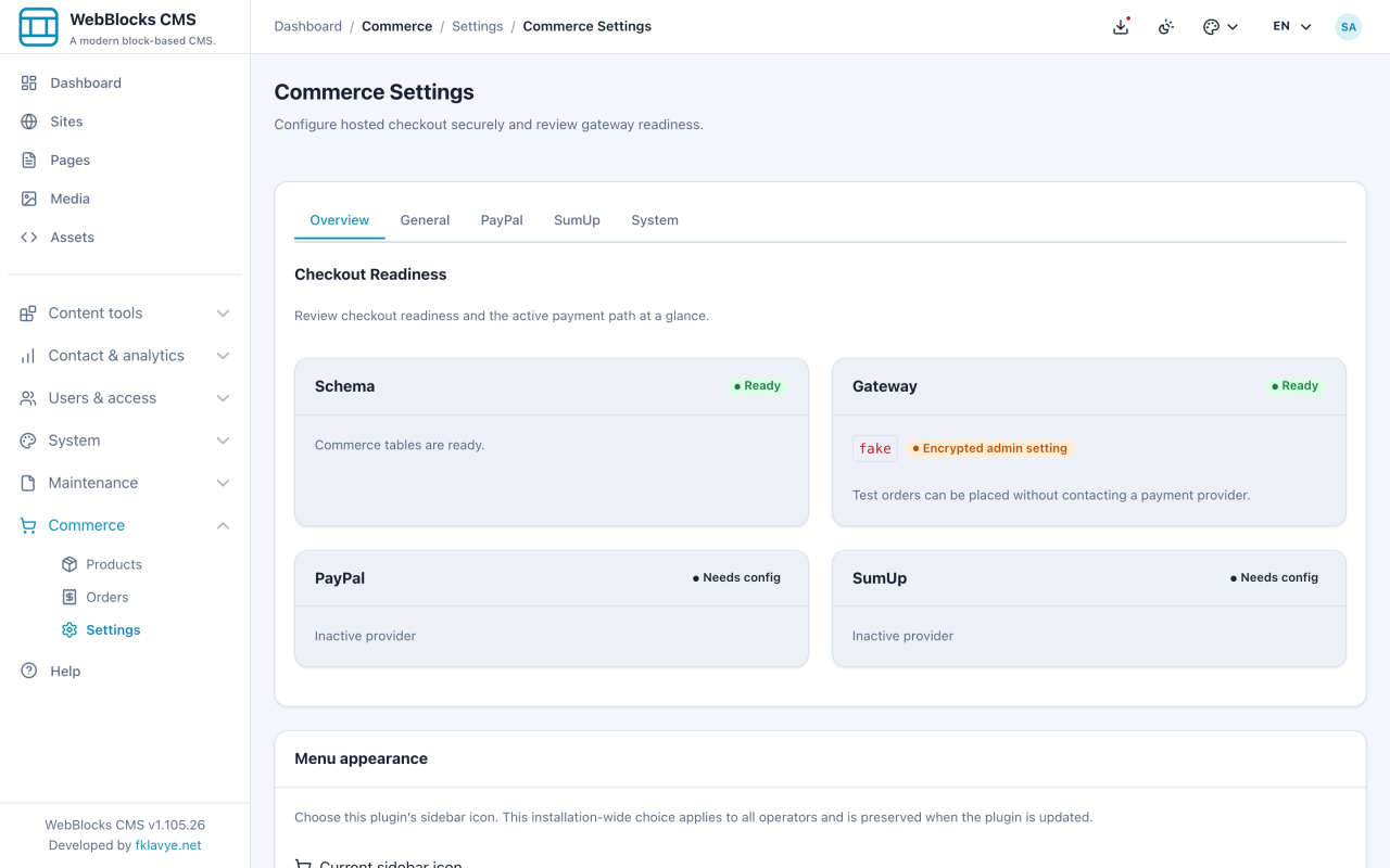 Şema ve test ağ geçidi hazırken etkin olmayan PayPal ve SumUp için yapılandırma gerektiğini gösteren Commerce Overview