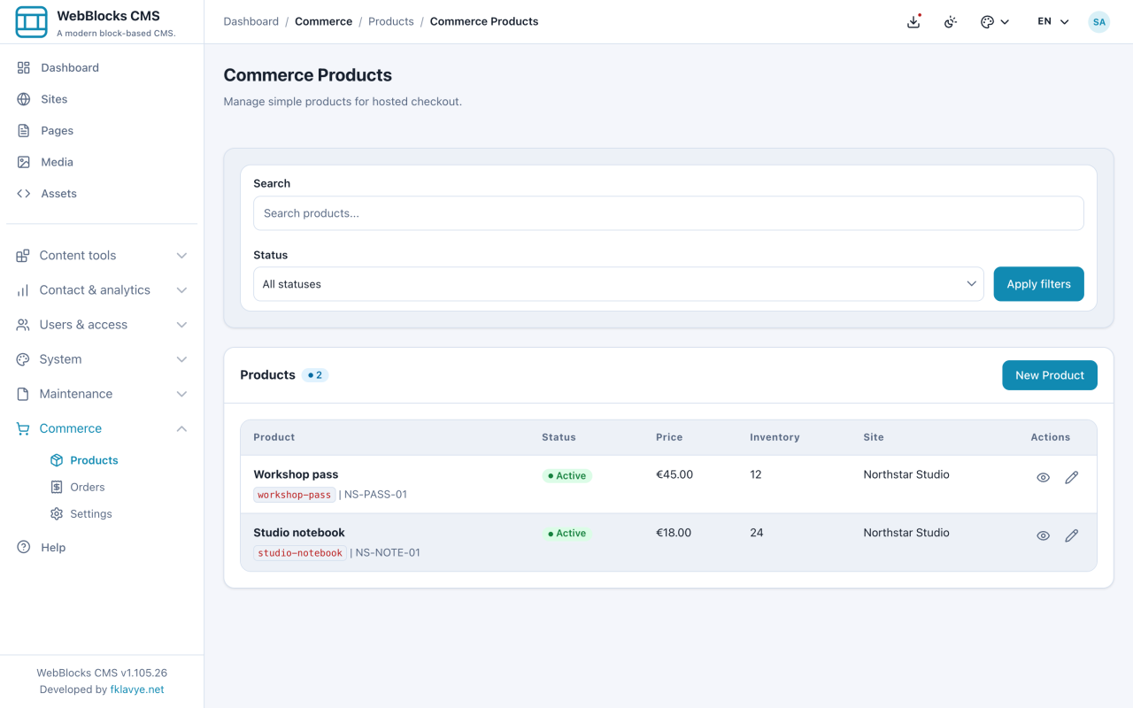 Etkin Studio notebook ve Workshop pass ürünlerini fiyatları, stokları ve siteleriyle gösteren Commerce Products listesi
