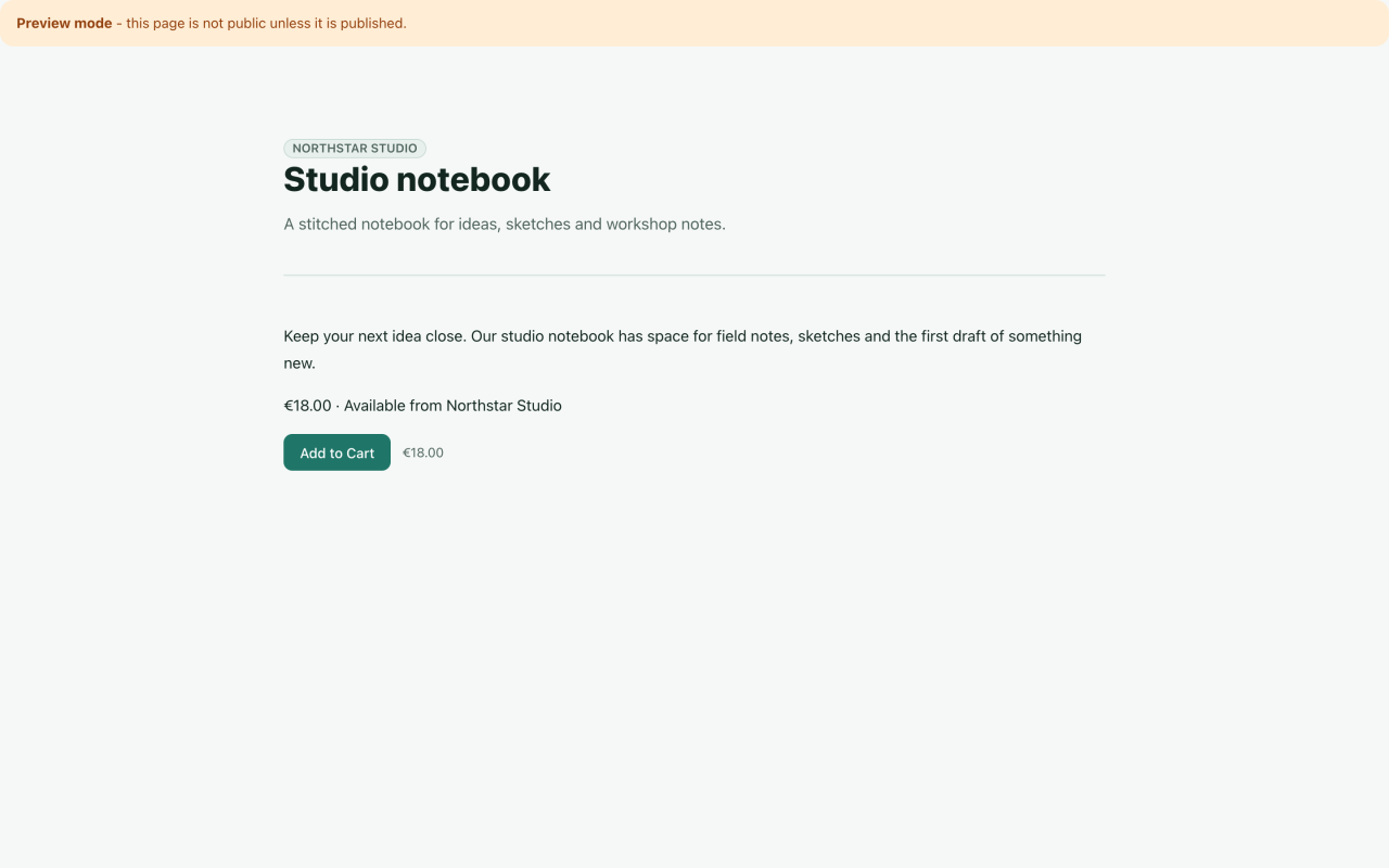 Add to Cart düğmesi ve €18.00 fiyatını gösteren taslak Studio notebook sayfası
