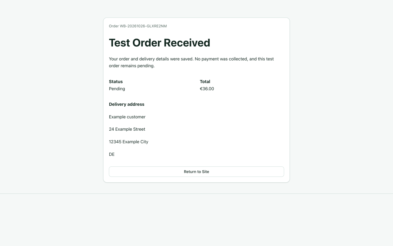 Ödeme alınmadığını ve €36.00 tutarındaki siparişin Pending kaldığını belirten Test Order Received sonucu