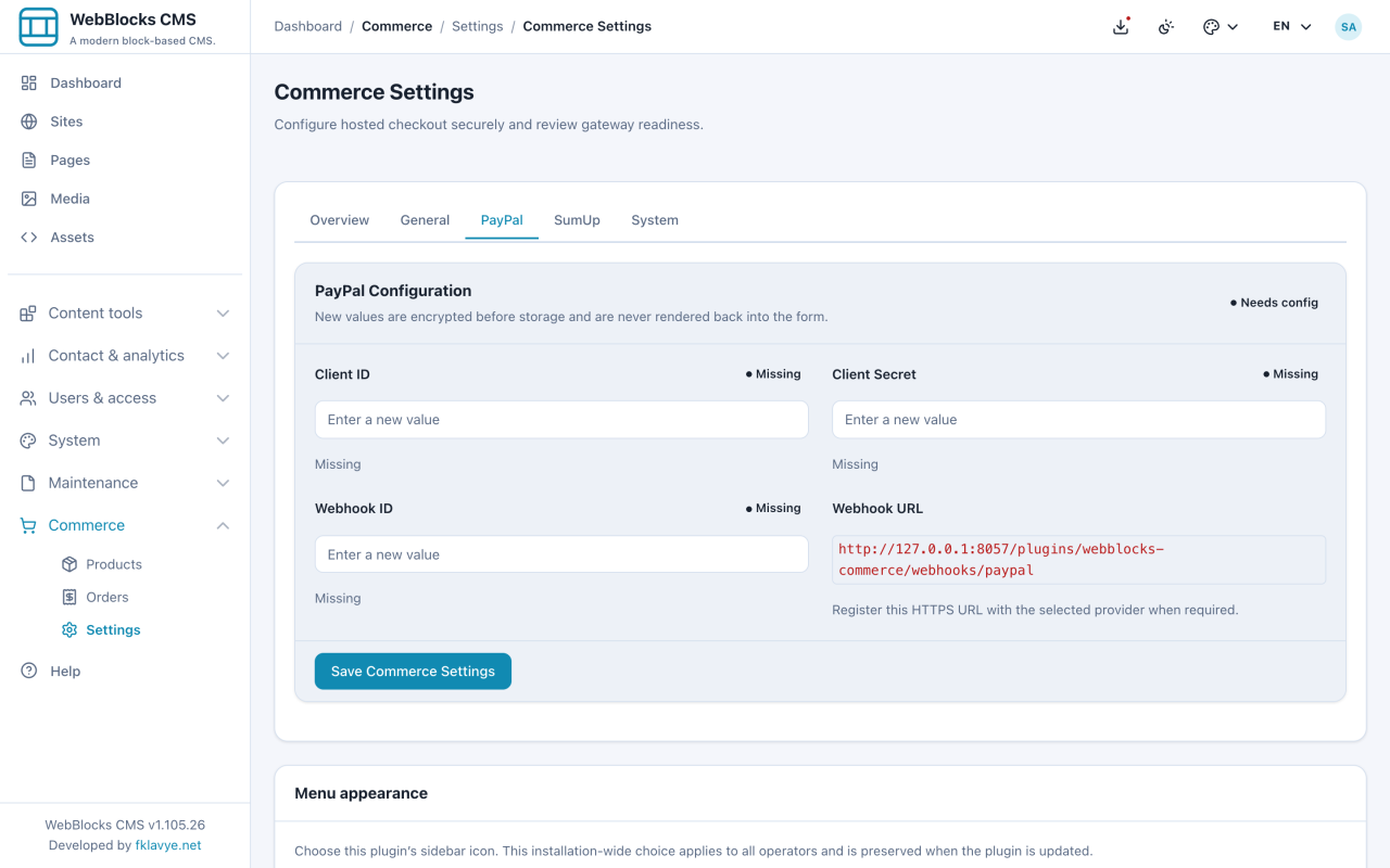 Yalnızca yazılabilir boş Client ID, Client Secret ve Webhook ID alanlarıyla yerel webhook yolunu gösteren PayPal sekmesi