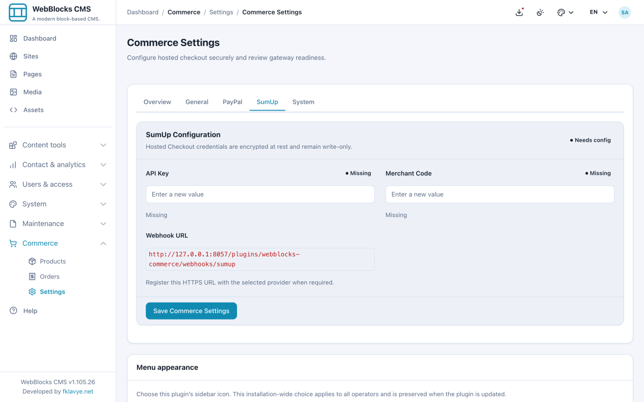 Boş API Key ve Merchant Code alanlarıyla oluşturulan yerel webhook yolunu gösteren SumUp sekmesi