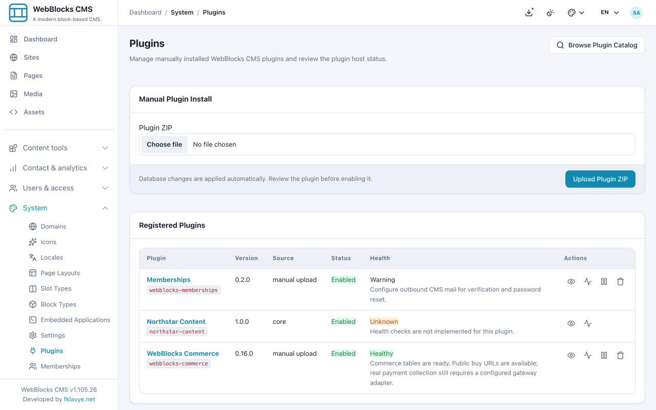 Pantalla de plugins con Memberships 0.2.0 activado en WebBlocks CMS 1.105.26