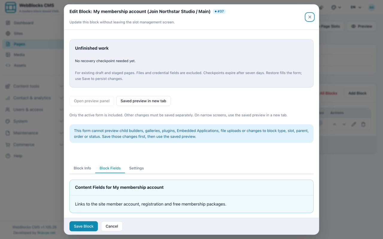Bloque nativo de cuenta Memberships en el editor del CMS