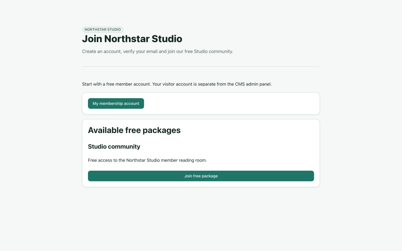 Página de inscripción de Northstar Studio con enlace de cuenta y paquete gratuito Studio community