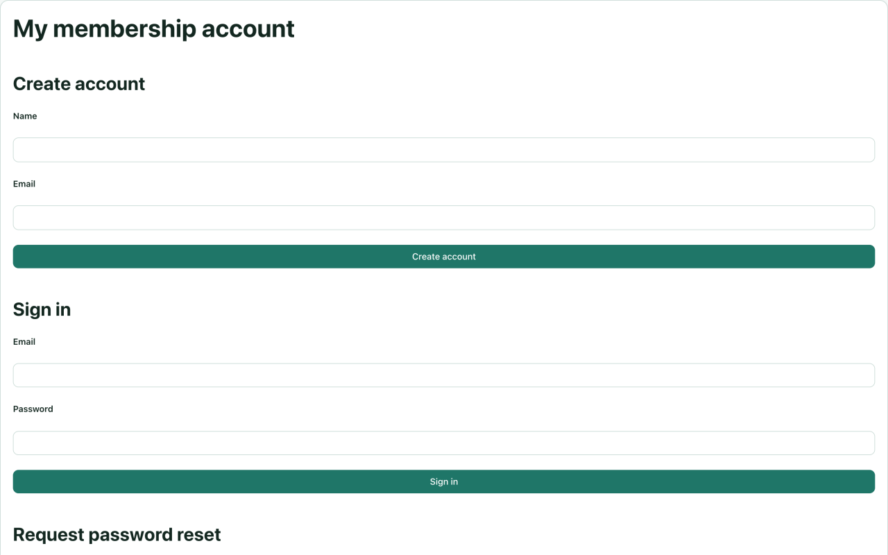 Pantalla de cuenta de visitante con formularios Create account, Sign in y Request password reset