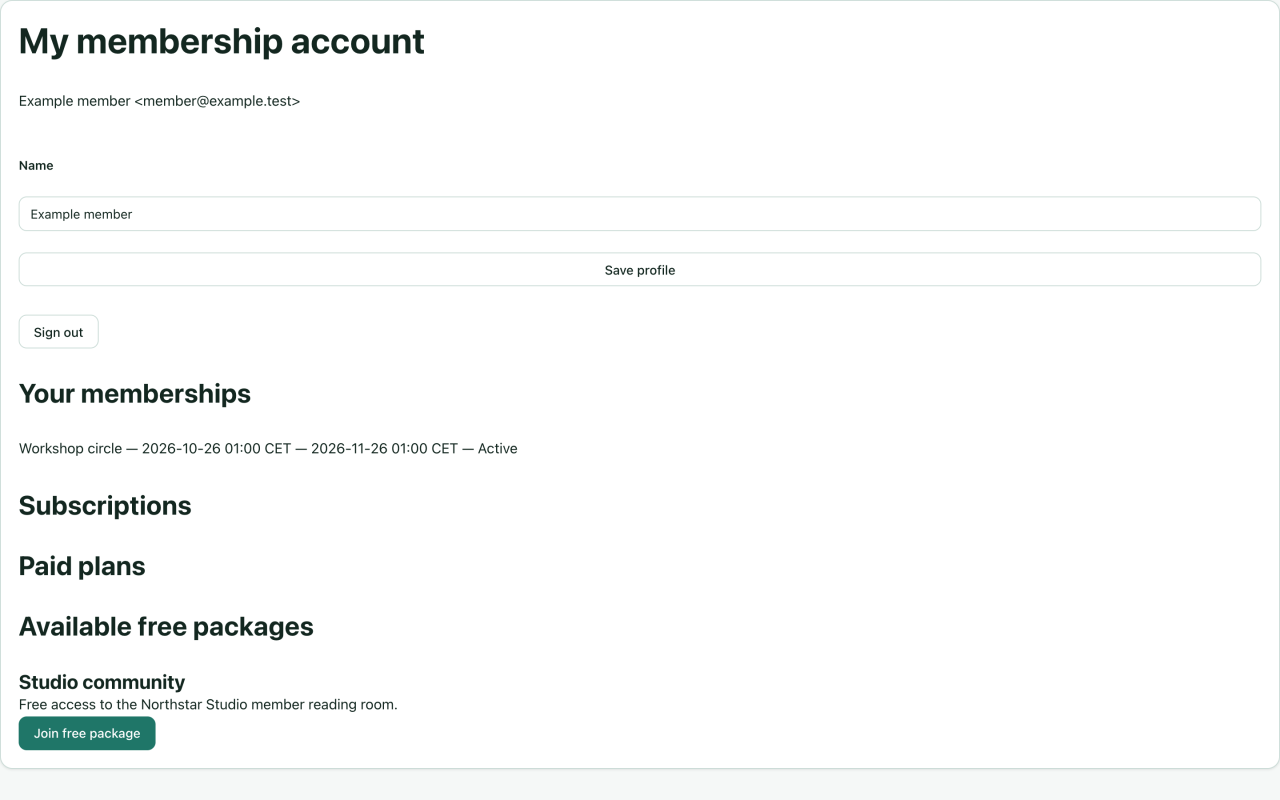 Cuenta verificada Example member con una concesión temporal de Workshop circle e inscripción gratuita a Studio community