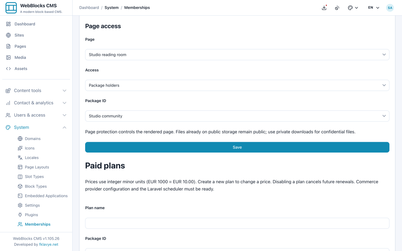 Formulario de acceso con Studio reading room, Package holders y Studio community seleccionados