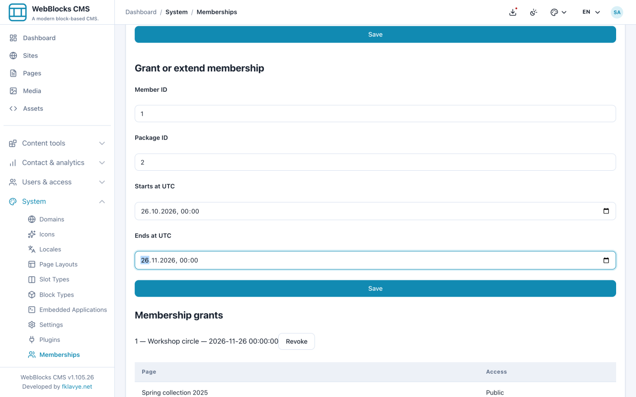 Formulario para conceder o ampliar membresía con ID de miembro, paquete y un mes de fechas UTC