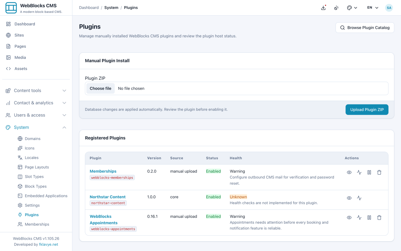 Plugins screen showing Appointments 0.16.1 enabled on WebBlocks CMS 1.105.26, with local mail-related health warnings