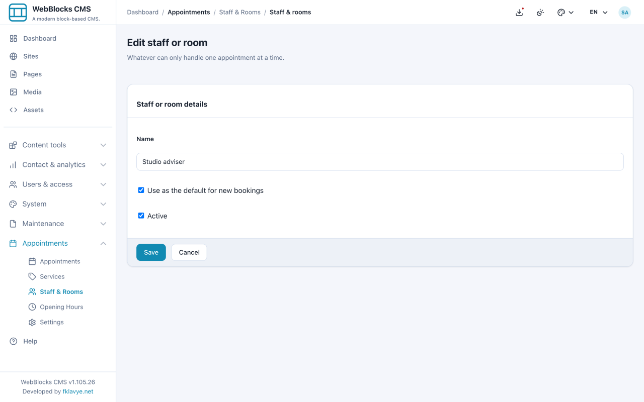 Studio adviser resource form with default and active options selected