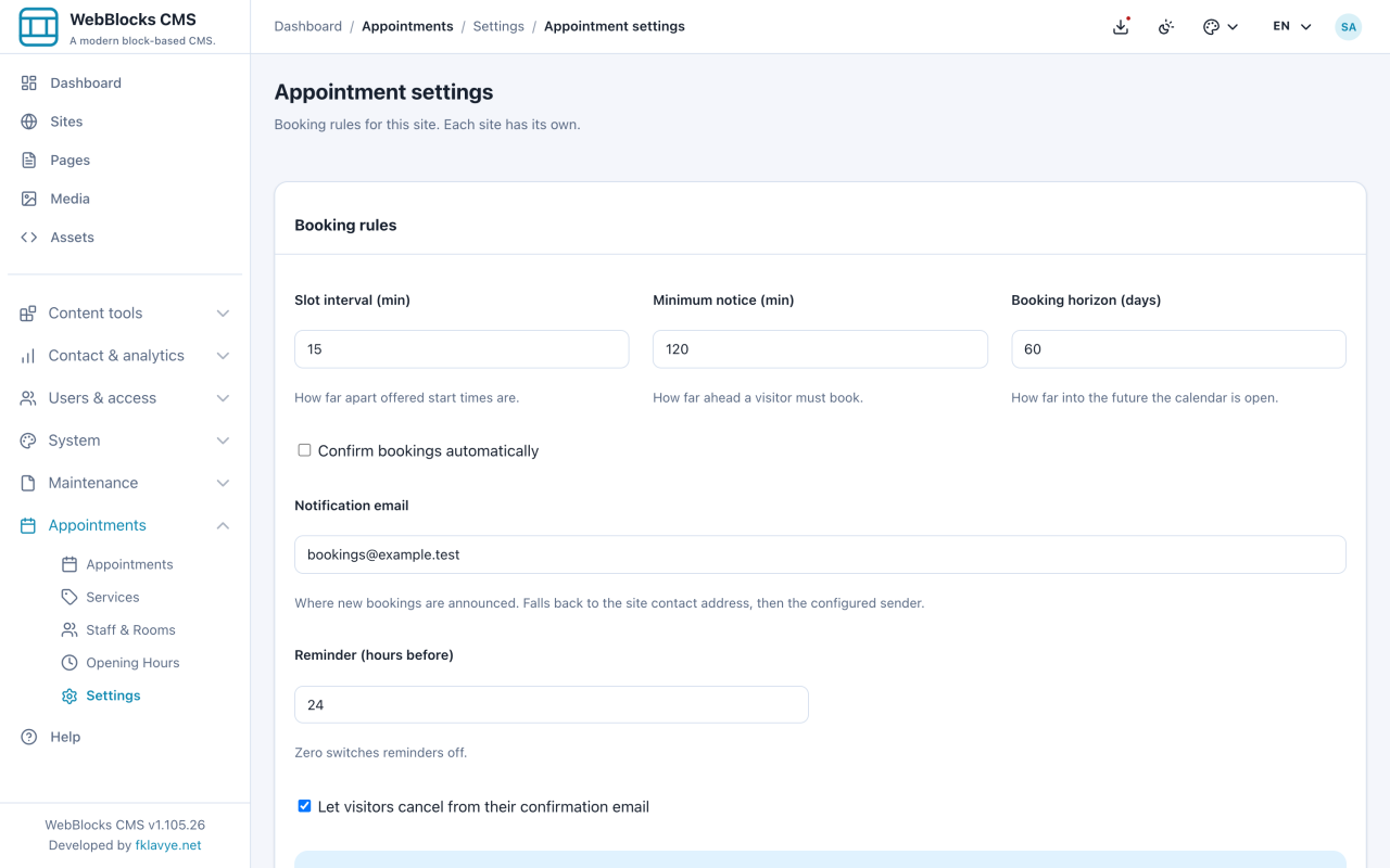 Appointment settings with 15-minute starts, 120-minute notice, 60-day horizon, manual confirmation, 24-hour reminders and visitor cancellation