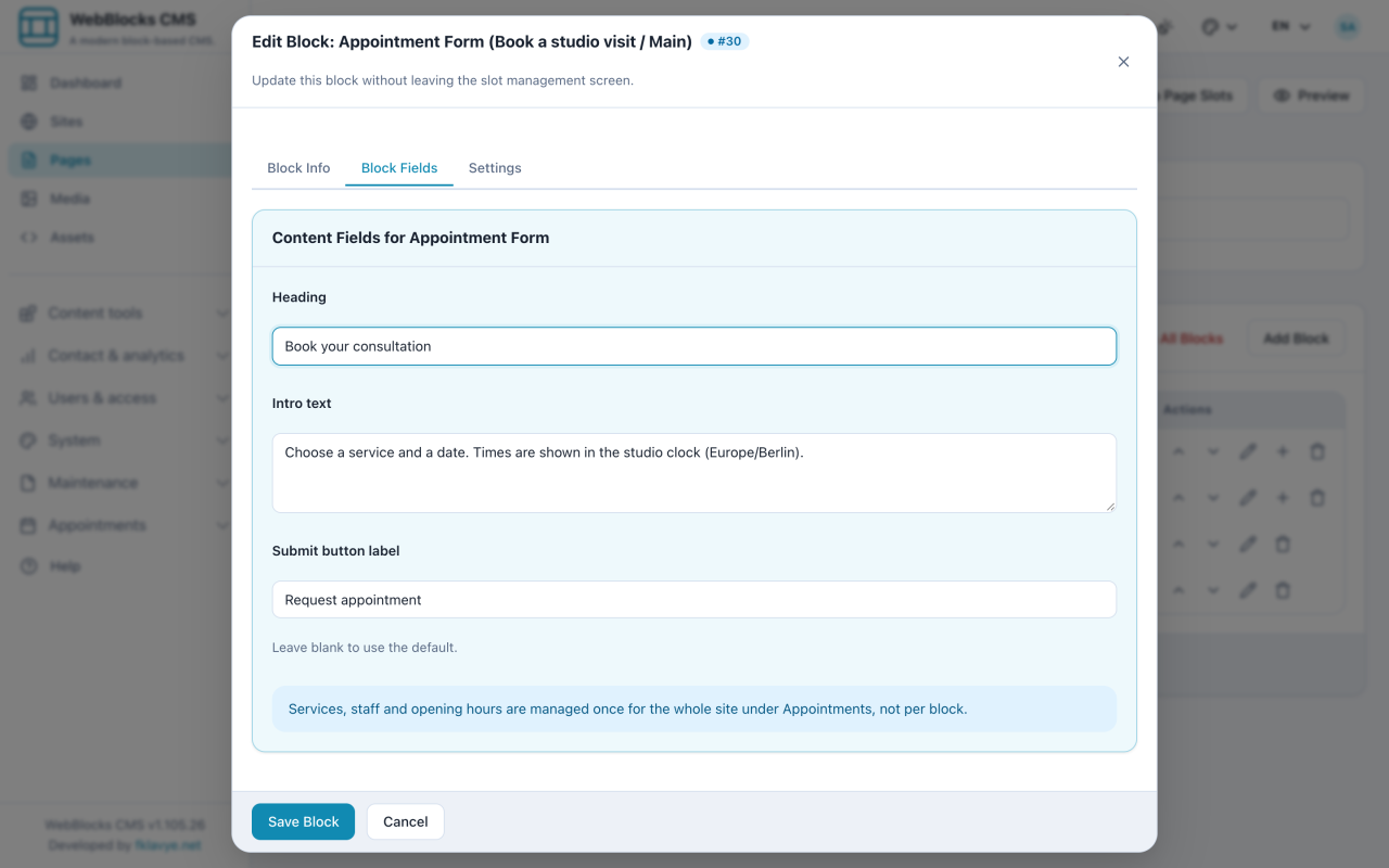 Appointment Form block fields for its heading, introduction and request button