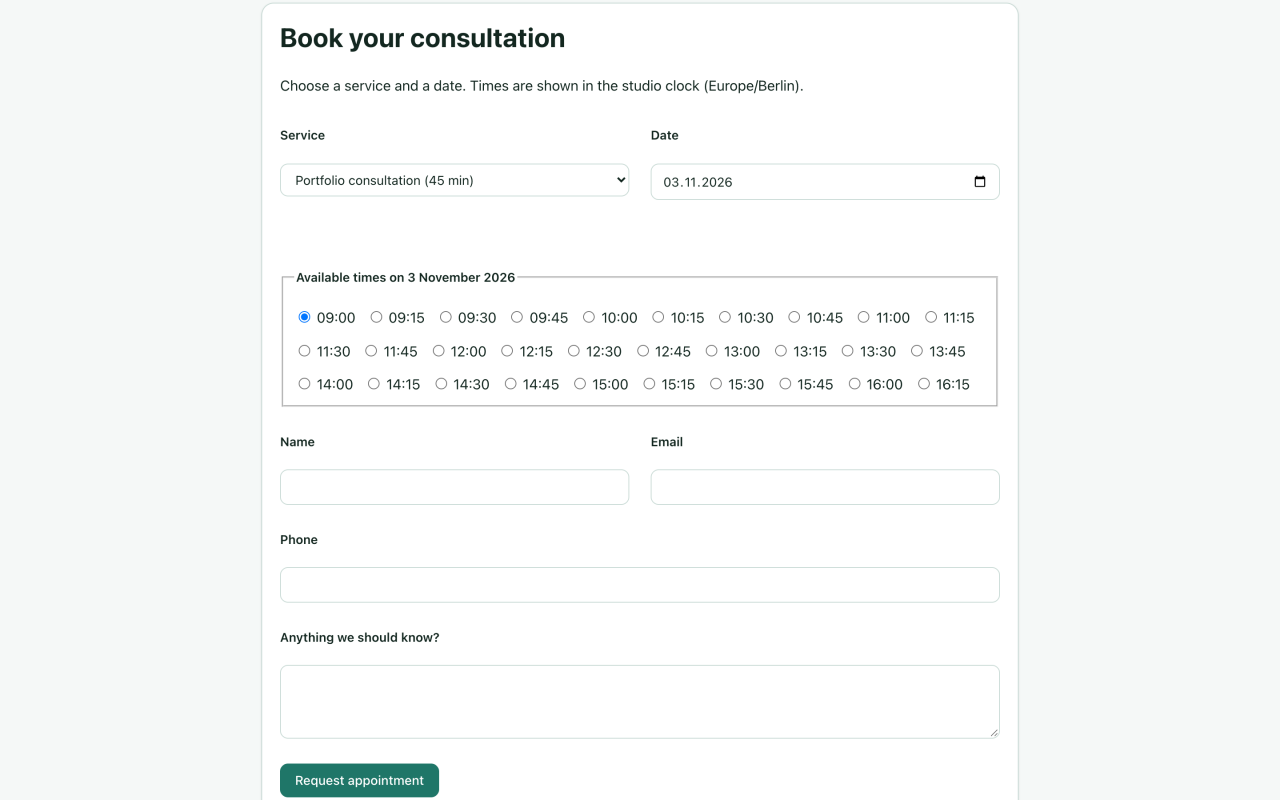 Visitor form with Portfolio consultation and available times on 3 November 2026