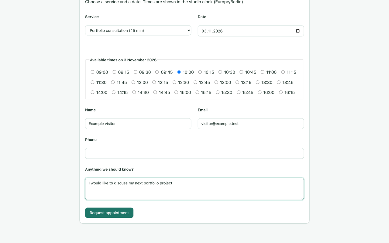 Selected 10:00 time and fictional visitor details before Request appointment is submitted