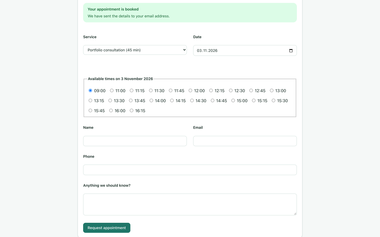 Booking result banner and updated available times after the example request